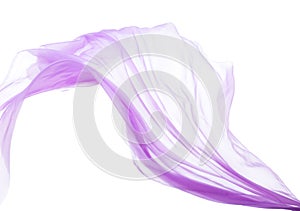 Purple Violet Organza fabric flying in curve shape, Piece of textile blue sky organza fabric throw fall in air. White background