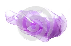 Purple Violet Organza fabric flying in curve shape, Piece of textile blue sky organza fabric throw fall in air. White background