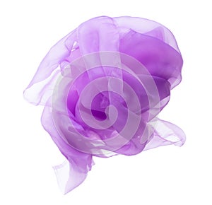 Purple Violet Organza fabric flying in curve shape, Piece of textile blue sky organza fabric throw fall in air. White background