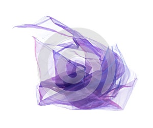 Purple Violet Organza fabric flying in curve shape, Piece of textile blue sky organza fabric throw fall in air. White background