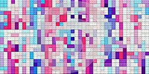 Purple violet pink white colored plastic pieces backdrop. Colorful brick block toys pattern. Happy creative child puzzle surface