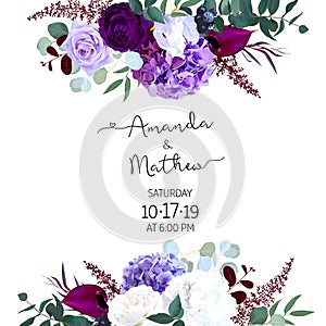 Purple and violet rose, white and deep blue hyrangea, astilbe, a