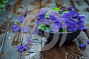 Purple violets in a black plastic bowl on a wet wooden garden table