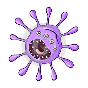 Purple virus icon in cartoon style isolated on white background. Viruses and bacteries symbol stock vector illustration.