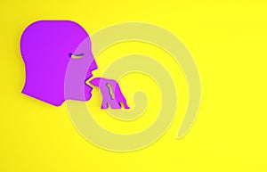 Purple Vomiting man icon isolated on yellow background. Symptom of disease, problem with health. Nausea, food poisoning
