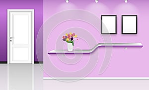 Purple wall background with frames and flowers pot over