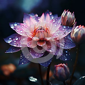 Purple water lily with drops of water, rain, dew on a dark background, flower buds. Flowering flowers, a symbol of spring, new