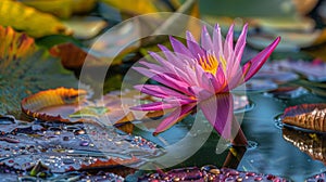 Purple water lily in pond with leaves and water droplets