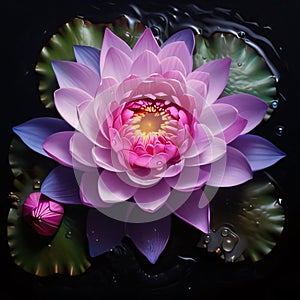 Purple water lily on water, green leaves all around. Flowering flowers, a symbol of spring, new life