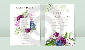 Purple watercolor roses wedding invitation card template set