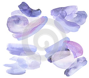 Purple watercolor stain brush shapes. Abstract texture hand-painted watercolor illustration. Very peri shapes.