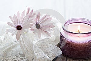 Purple White Daisies and purple candle on dreamy background.  Still life for Mothers Day and Valentines Day