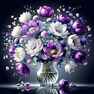 Purple and white flowers in a vase with water on a table with black background.
