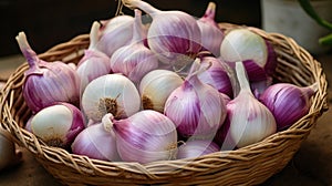 Purple and white onions in a basket, ready to cook