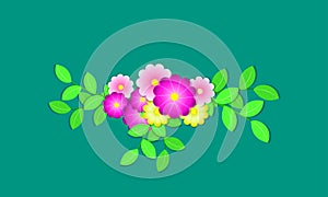 Purple white red yellow tropical flowers around leaf. vector illustration eps10