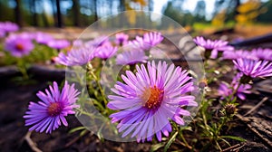 Purple wildflowers blooming along a forest trail with blurred nature background