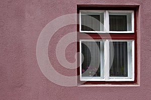 Purple window frame on pink wall