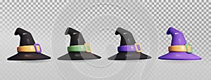 Purple witch hat isolated. Halloween realistic 3d decor. Vector illustration