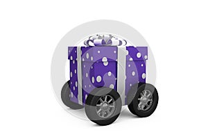 Purple wrapped with polka dot gift box on wheels