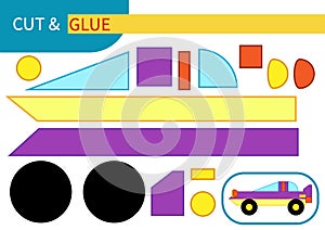 `Purple and yellow car racing` mini game `cut and glue` for kids ` learning, entertainment and education. Series `transport` - eas