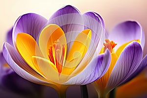 Purple Yellow Crocus, spring flower. Macro. Generated AI