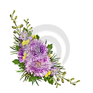 Purple and yellow flowers corner arrangement