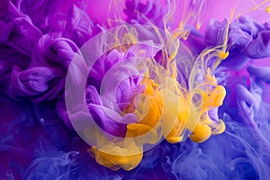 Purple and yellow inks merge in an underwater dance, creating a striking abstract for imaginative backdrops.