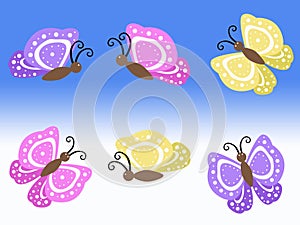 Purple yellow and pink spring butterfly illustrations with blue and white background