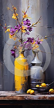 Purple And Yellow Vases With Flowers On A Dark Background