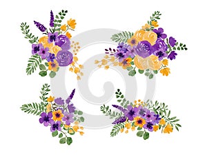 purple and yellow watercolor flower arrangement separated vector set