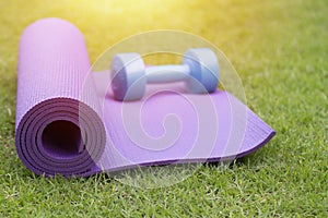 Purple yoga mat and blue dumbbell