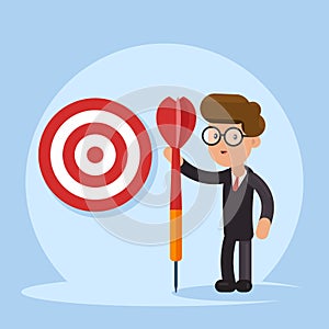 Purpose business concept. Purposeful businessman with spear in hand stands with the target. Achievement of goal. Vector