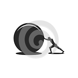 Purposeful man pushes a round stone to achieve his goal, black and white illustration of the ancient Greek myth of Sisyphus