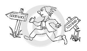Purposeful person runs from failure to success. Monochrome illustration