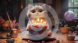 Purr-fect Celebration Joyous Cat Birthday Party with Cake and Friends. Generative AI photo