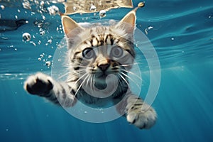 Purr fect dive Cute cat exhibits charming underwater swimming prowess