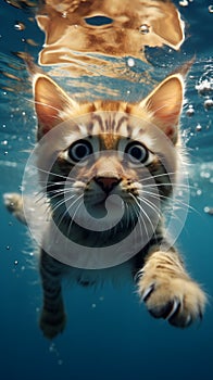 Purr fect dive Cute cat exhibits charming underwater swimming prowess