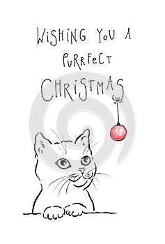 Purrfect christmas minimalistic pen and ink drawing.