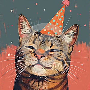 A purring Whiskers in a party hat extends heartfelt birthday wishes with a warm smile