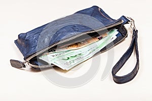Purse bag with credit card and euro notes on table