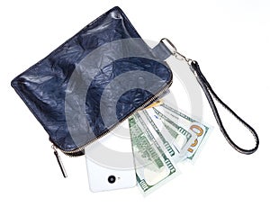 Purse bag with phone, cards and dollars isolated