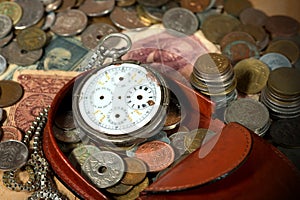 Purse with Broken Pocket Watch and Coins