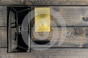 Purse-clutch black, powder box with mirror and lipstick golden l