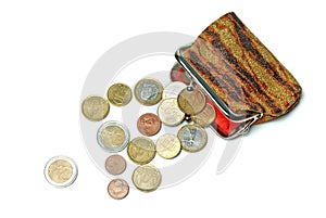 Purse and euro coins isolated on white