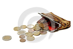 Purse and euro coins isolated on white