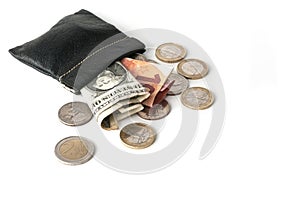 Purse with euro and dollar banknotes with some coins