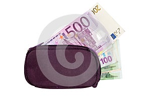 purse with euro money, isolated on white. Place for text.