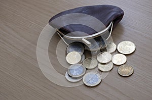 Purse holding lots of euro coins, the currency of the EU