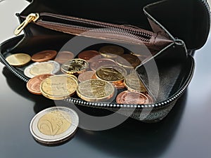 Purse with a lot of euro currency coins