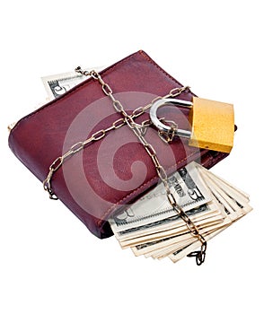 Purse with money closed on padlock.